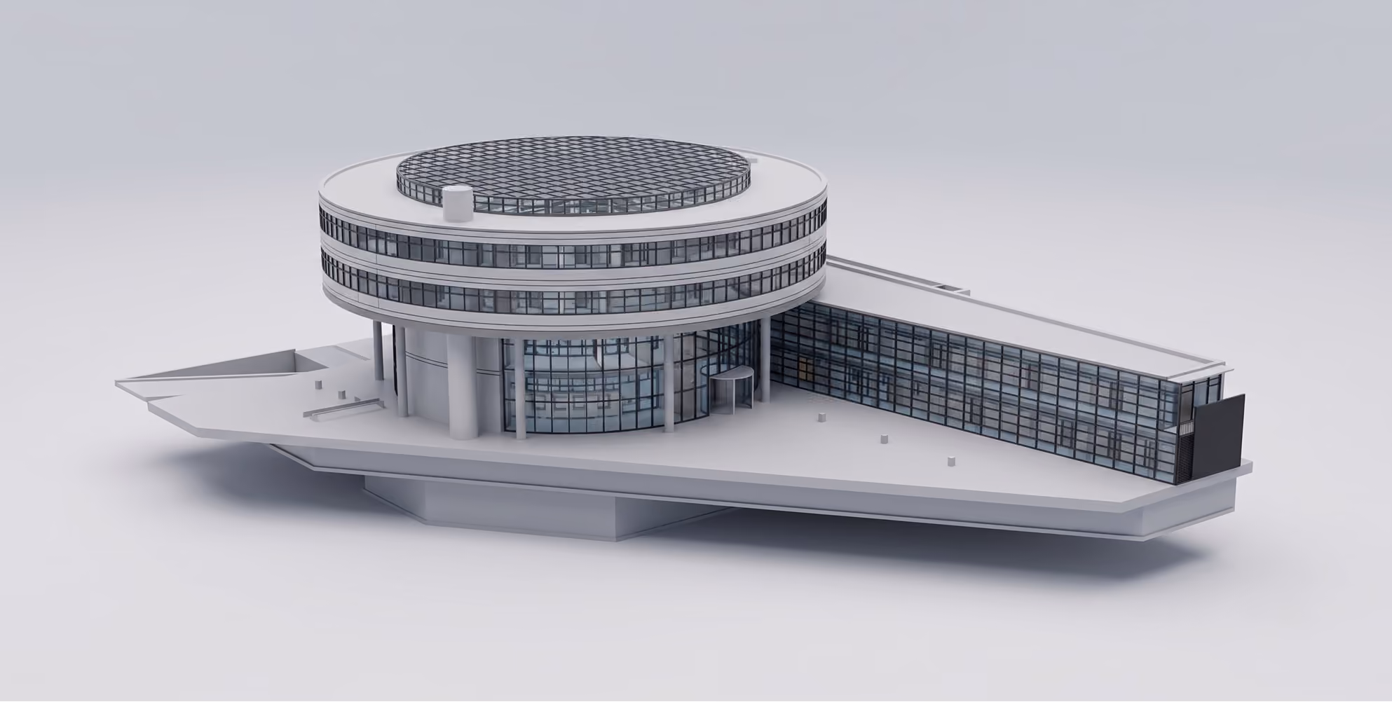 3D-Modell eines modernen runden Gebäudes mit Glasfassade und sechseckiger Dachstruktur.