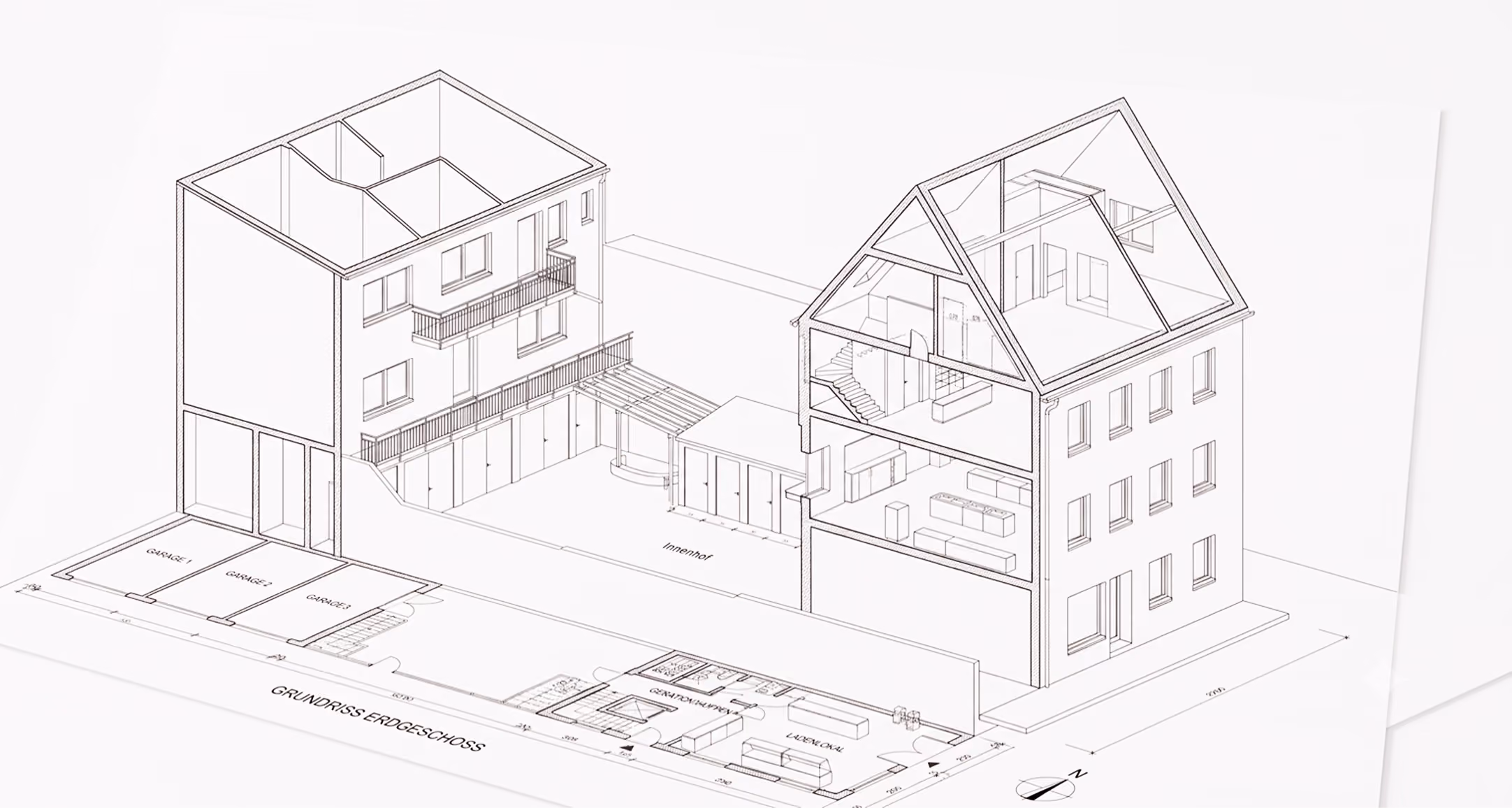 2D-Modell eines Hauses mit zwei Gebäuden, Garage und Innenhof in einer Architekturzeichnung.