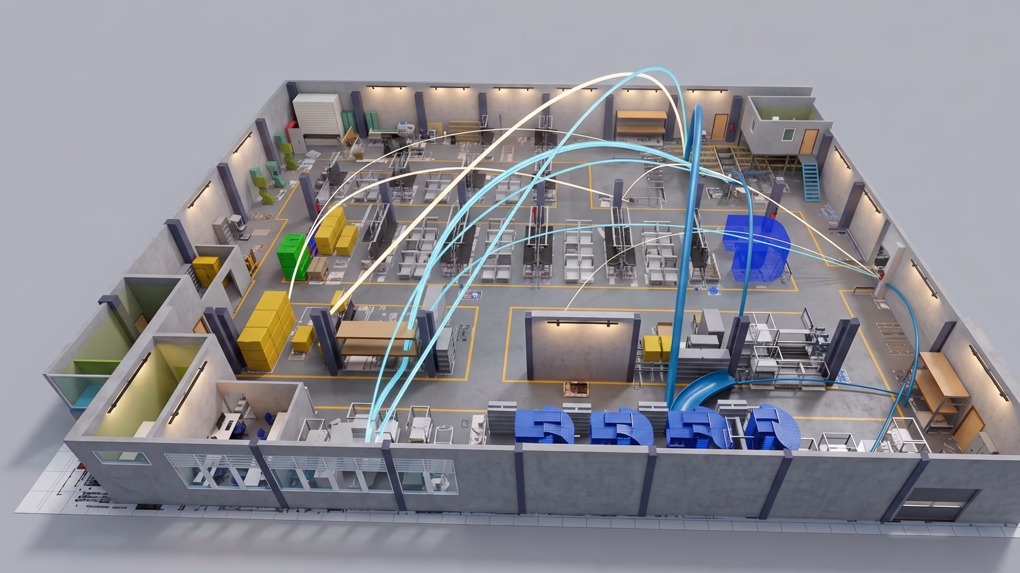 3D-Layout einer Fabrikhalle mit Förderbändern, Transportströmen und Lagerbereichen.