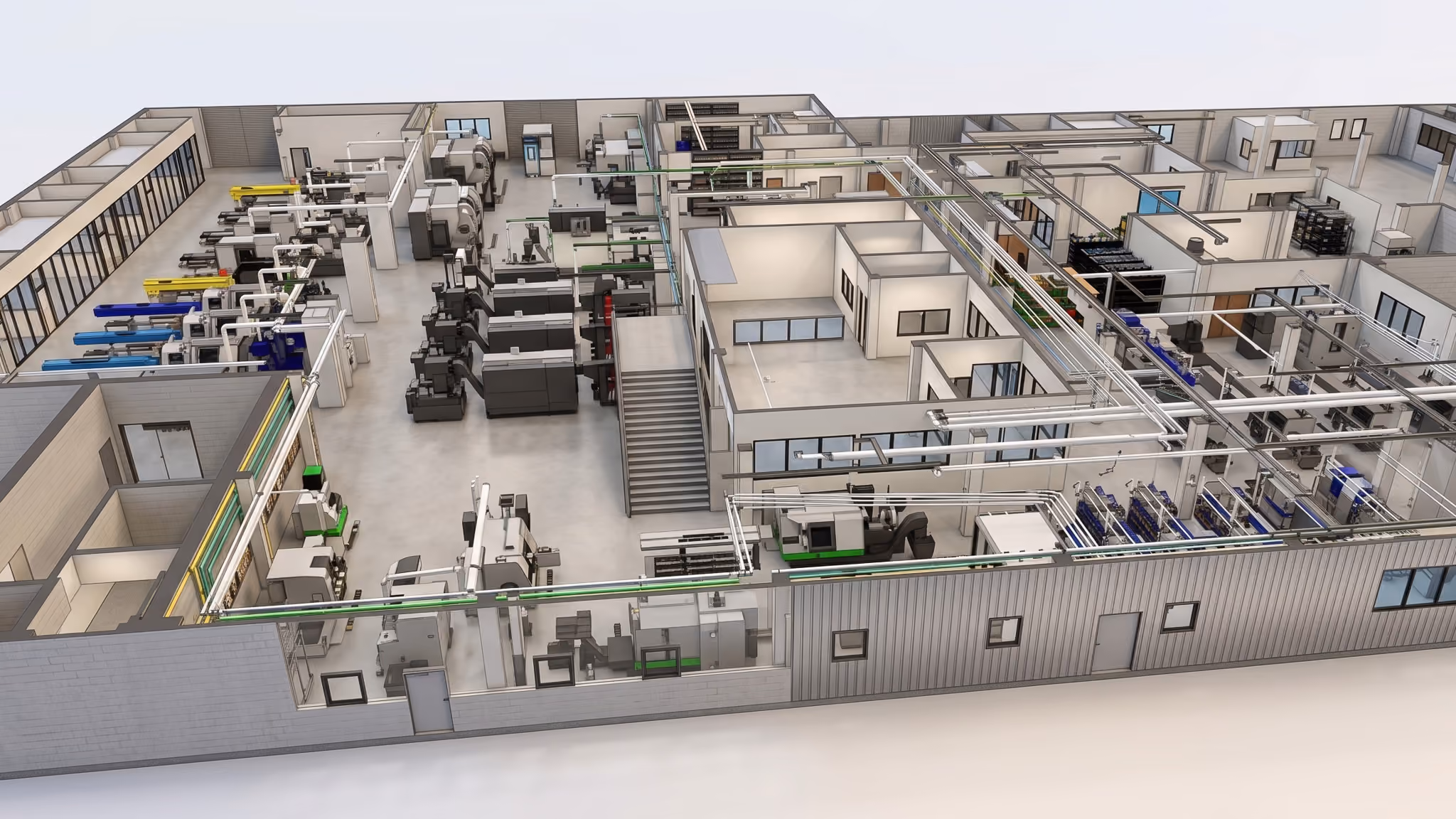 3D-Modell einer Industriehalle mit Maschinen, Arbeitsbereichen und Rohrleitungen im Innenraum.