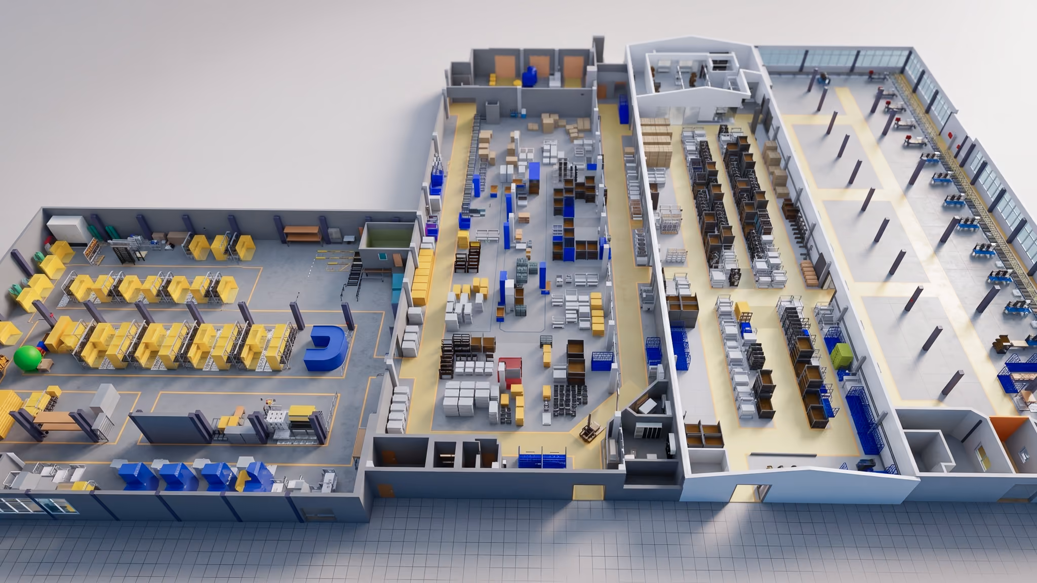 3D-Modell einer Lagerhalle mit Regalen und verschiedenen Arbeitsbereichen von oben gesehen.