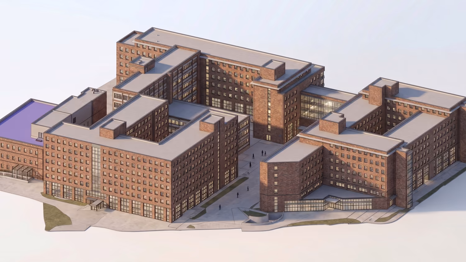 3D-Modell eines großen Gebäudekomplexes mit mehreren verbundenen, braunen Backsteingebäuden und flachen Dächern, Personen gehen auf dem gepflasterten Innenhof.