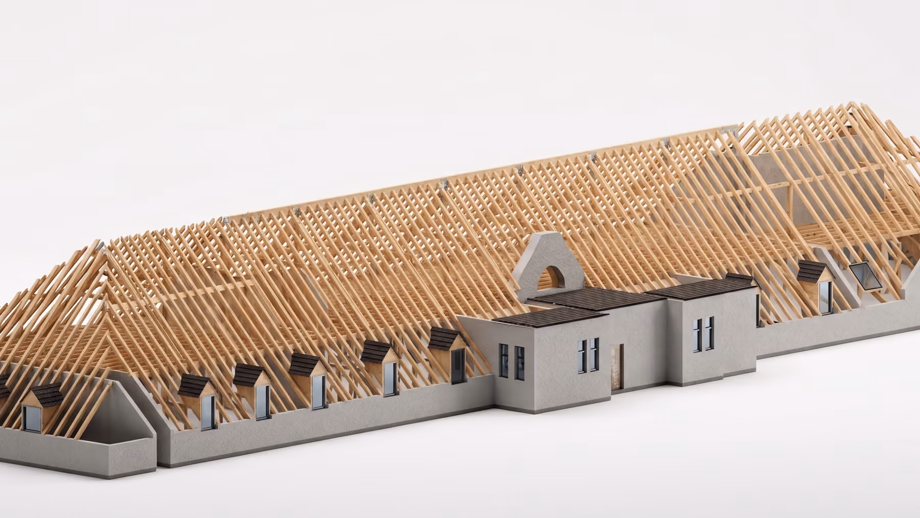 Modell eines großen Gebäudes mit grauen Wänden und offenem Dachstuhl aus vielen Holzsparren und Dachgauben.