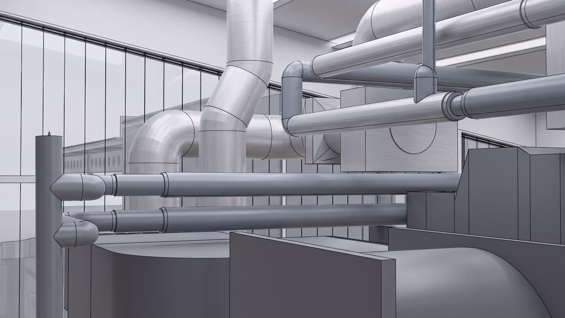 3D-Modell eines technischen Raums mit großen Lüftungsrohren und mechanischen Anlagen in einem grauen Farbschema.
