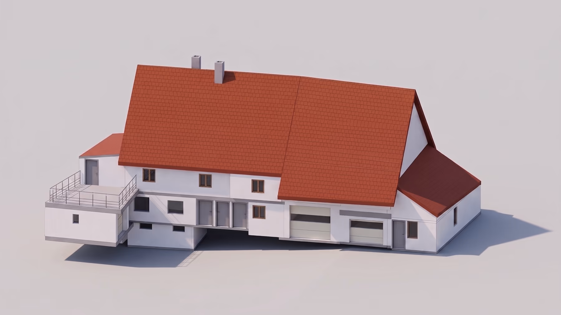 3D-Modell eines weißen Hauses mit rotem Satteldach, mehreren Fenstern und Türen sowie einem Balkon mit Geländer.