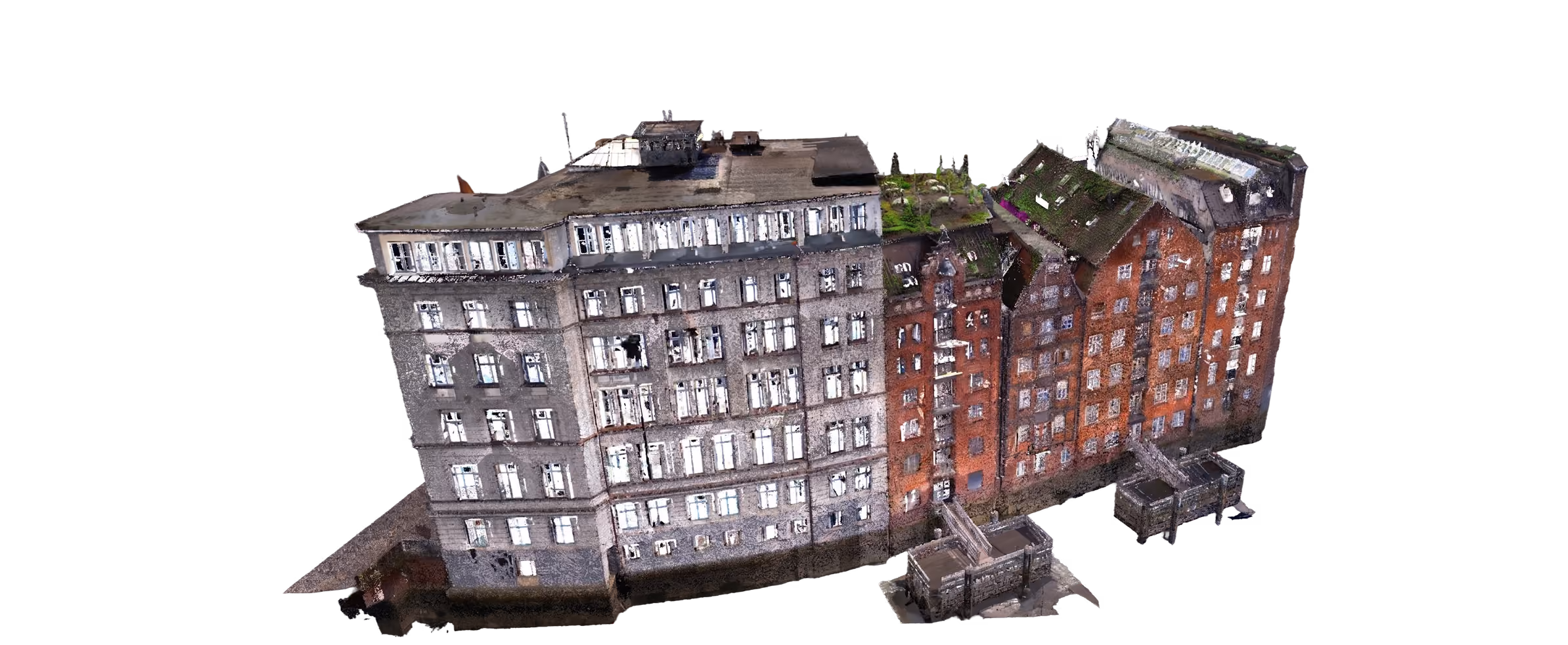3D-Punktwolken-Modell eines Gebäudekomplexes mit grauen und roten Fassaden und begrünten Dachflächen.