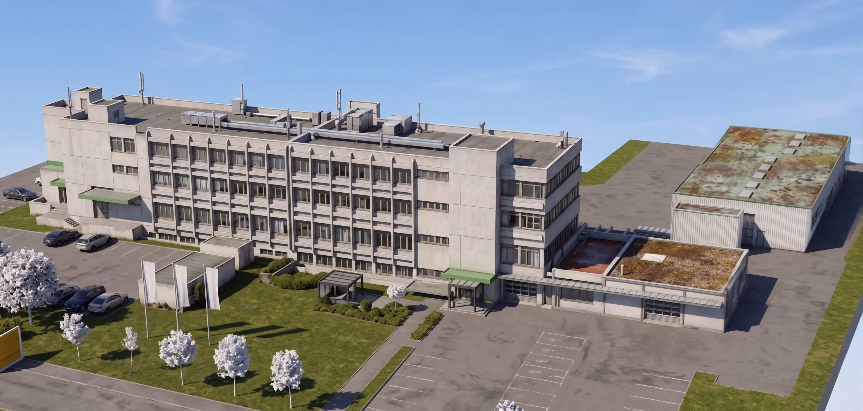 ein großes Haus mit Gelaende als Scan