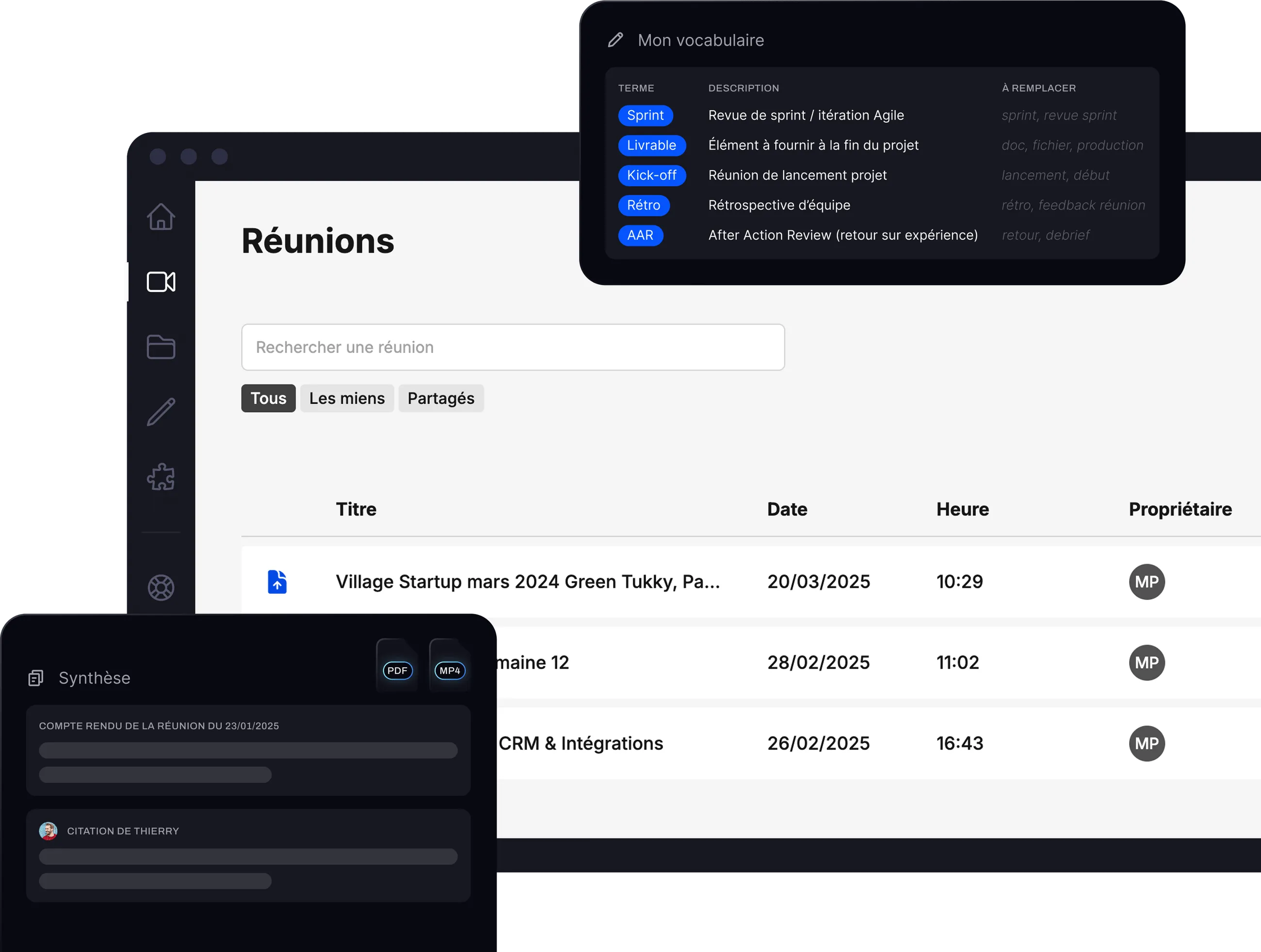 Interface de gestion des réunions affichant une liste avec titres, dates, heures, propriétaires, un vocabulaire Agile avec termes à remplacer, et un résumé de réunion avec options PDF et MP4.