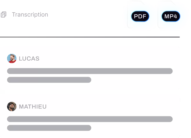 Interface de commentaires avec boutons PDF et MP4 en haut, et deux messages d'utilisateurs nommés Lucas et Mathieu.