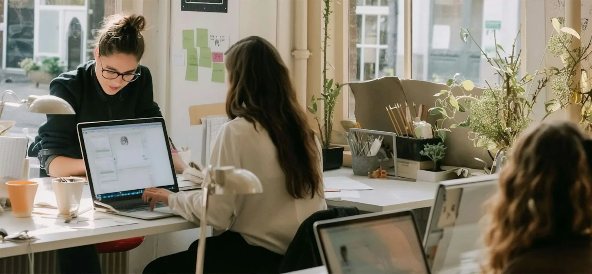 Personnes travaillant sur des ordinateurs portables dans un bureau lumineux avec des plantes sur le bureau.
