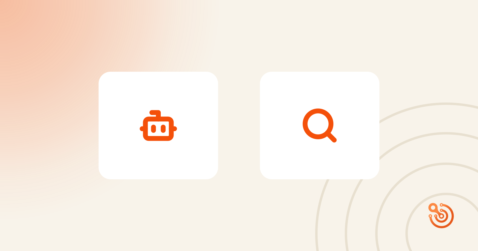 Twee iconen van een bot en een zoekfunctie, symbool voor AI zoekmachine optimalisatie en zichtbaarheid in AI-gedreven zoek...