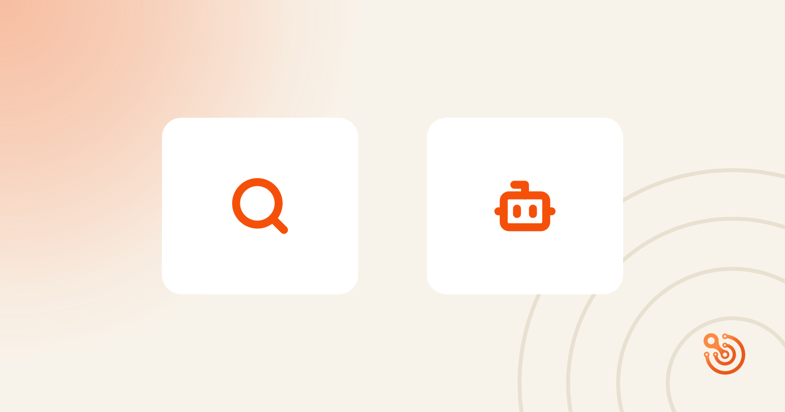 Twee kaarten met een zoekicoon en een bot-icoon, symbool voor het verschil tussen SEO en GEO in online vindbaarheid.