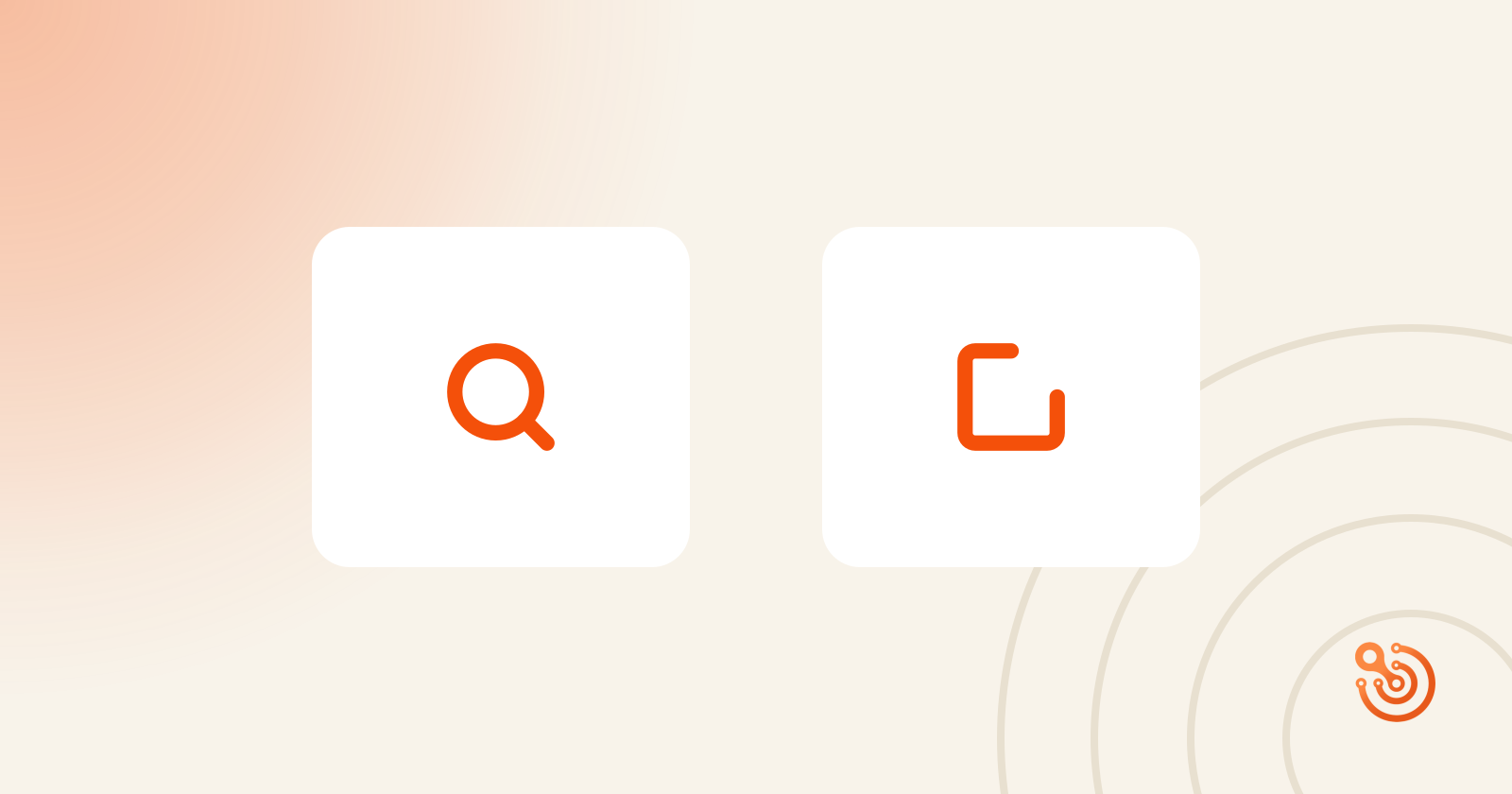 Twee witte kaarten met een zoekicoon en een schrijficoon, illustratie bij artikel over het schrijven van een goede meta de...
