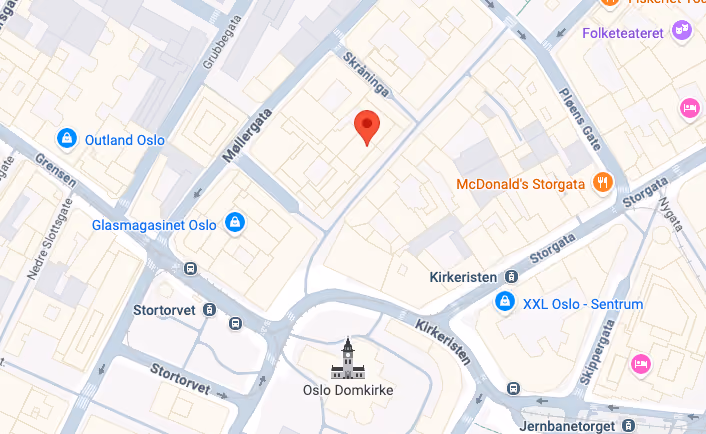 Map showing Oslo Domkirke and nearby streets including Stortorvet, Kirkeristen, and McDonald's Storgata.