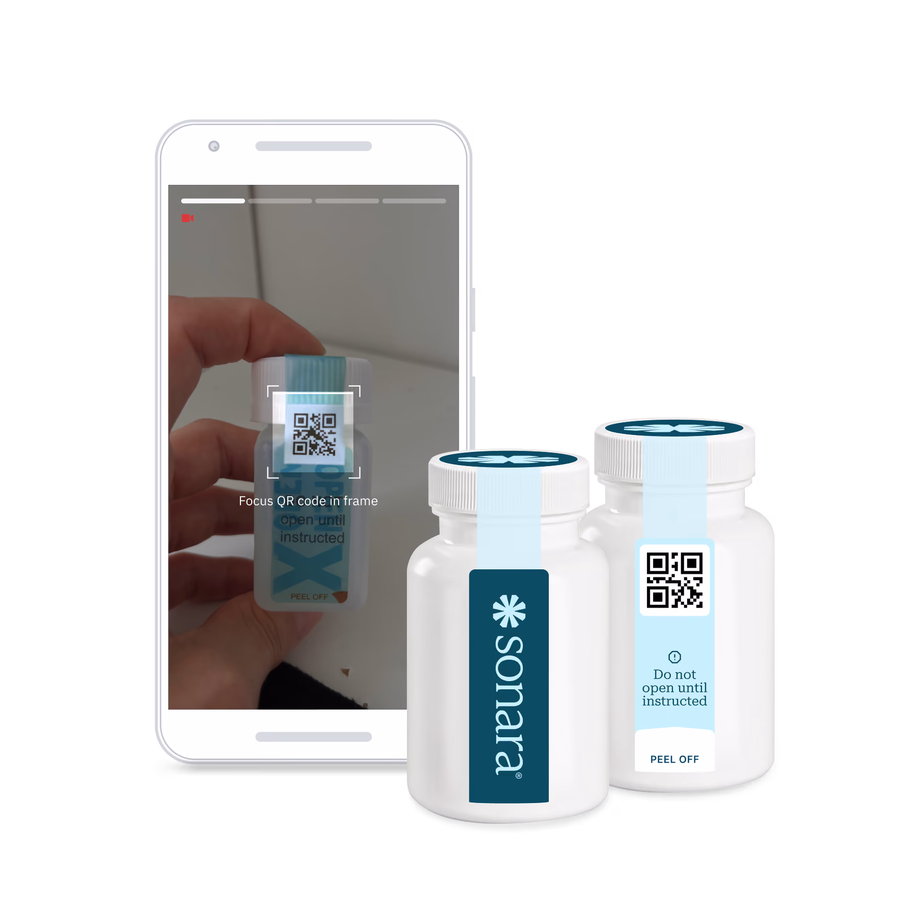 Hand scanning a QR code on a Sonara pill bottle with a phone camera, white bottles with green labels.