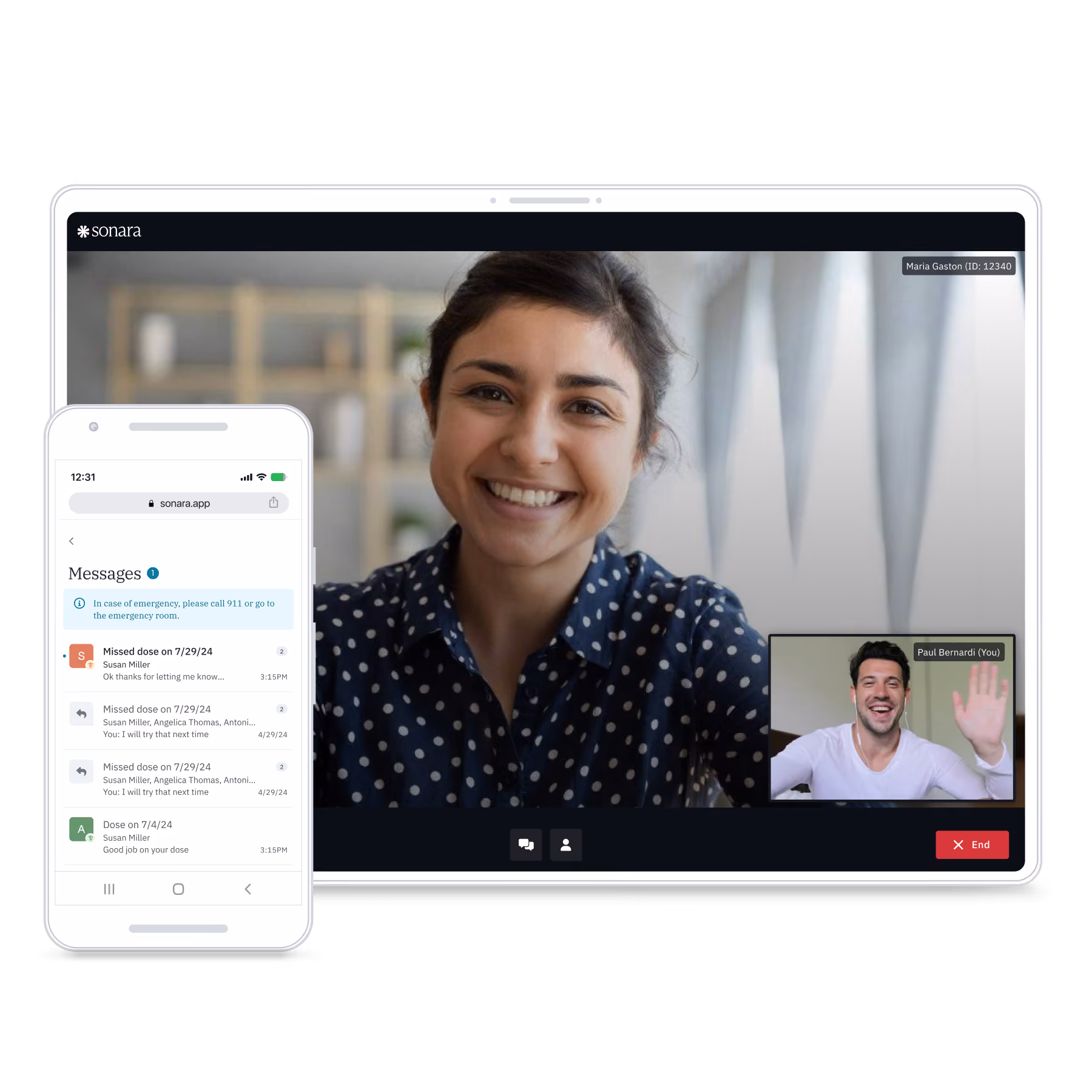 Video call showing a smiling woman and a man waving, with a mobile screen showing secure messages.