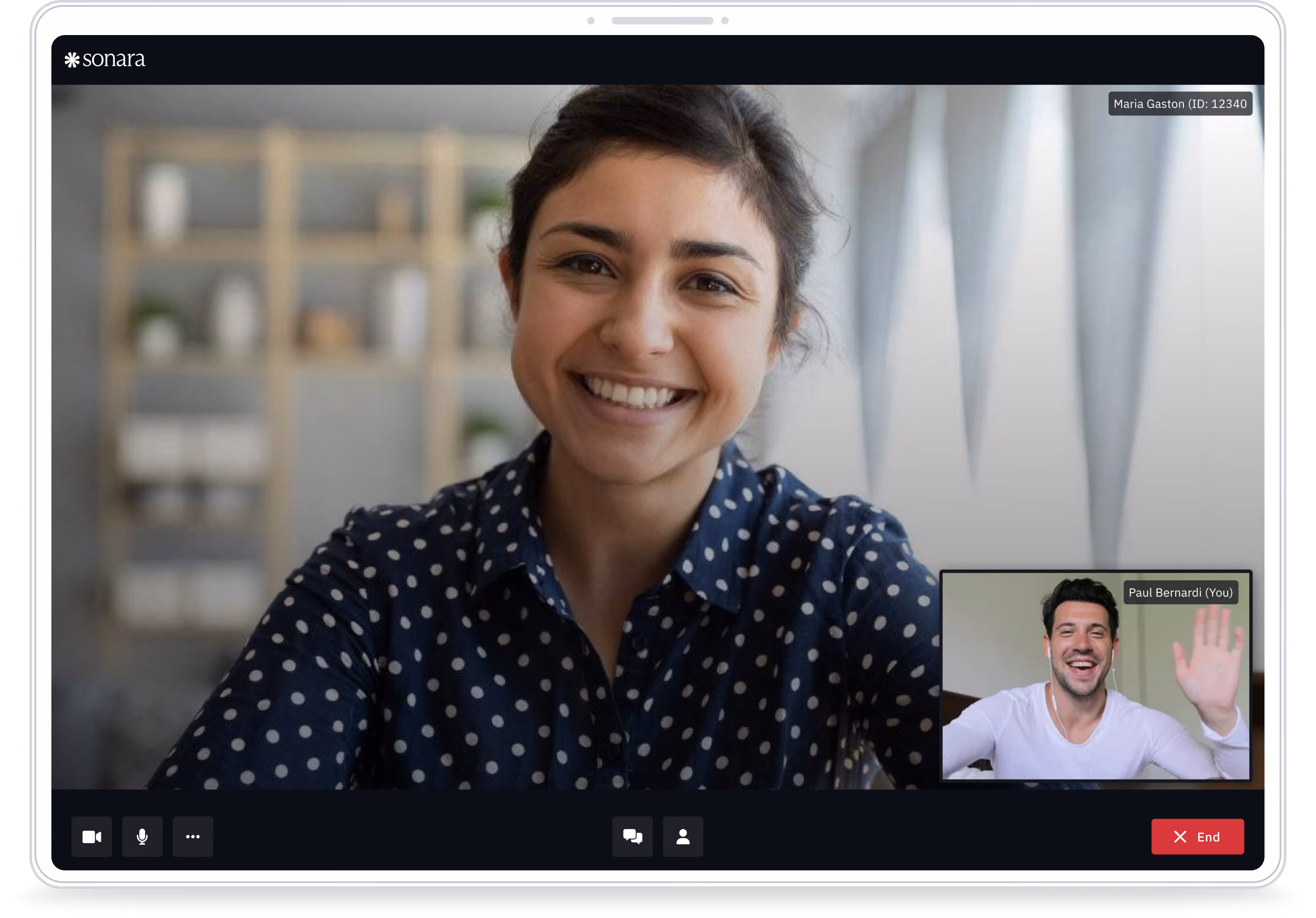 Video call with woman smiling and man waving, displayed in tablet interface with Sonara branding.