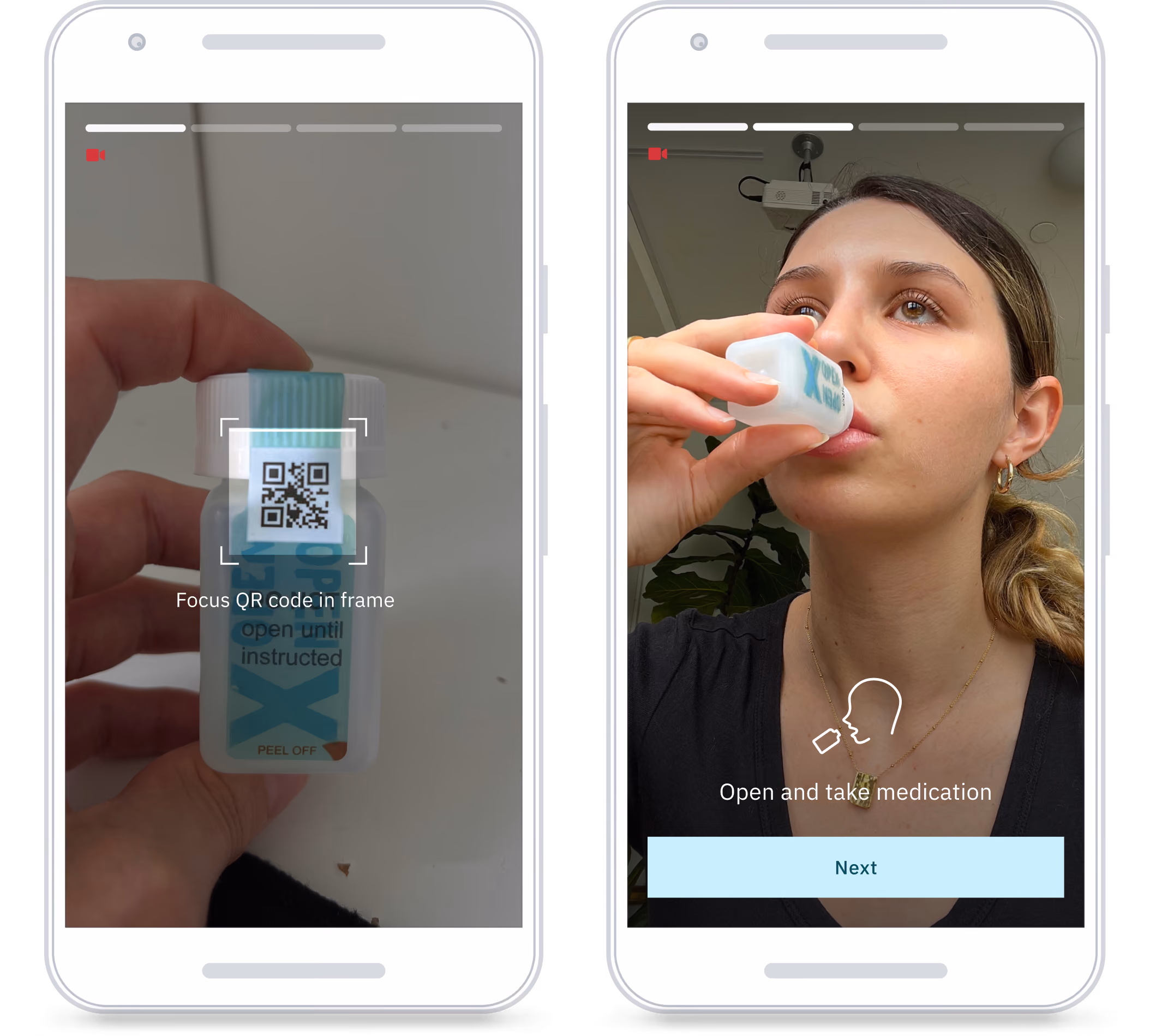 Two smartphones showing an app scanning a QR code on a medication bottle and a woman taking medication.