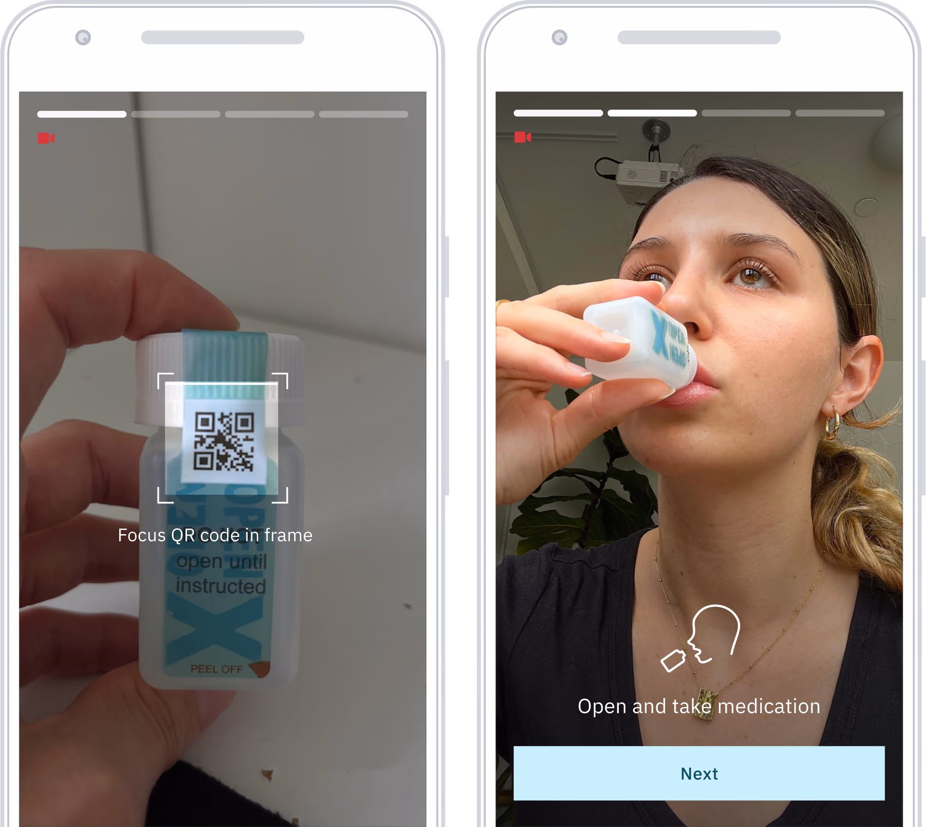 Two smartphones showing an app scanning a QR code on a medication bottle and a woman taking medication.