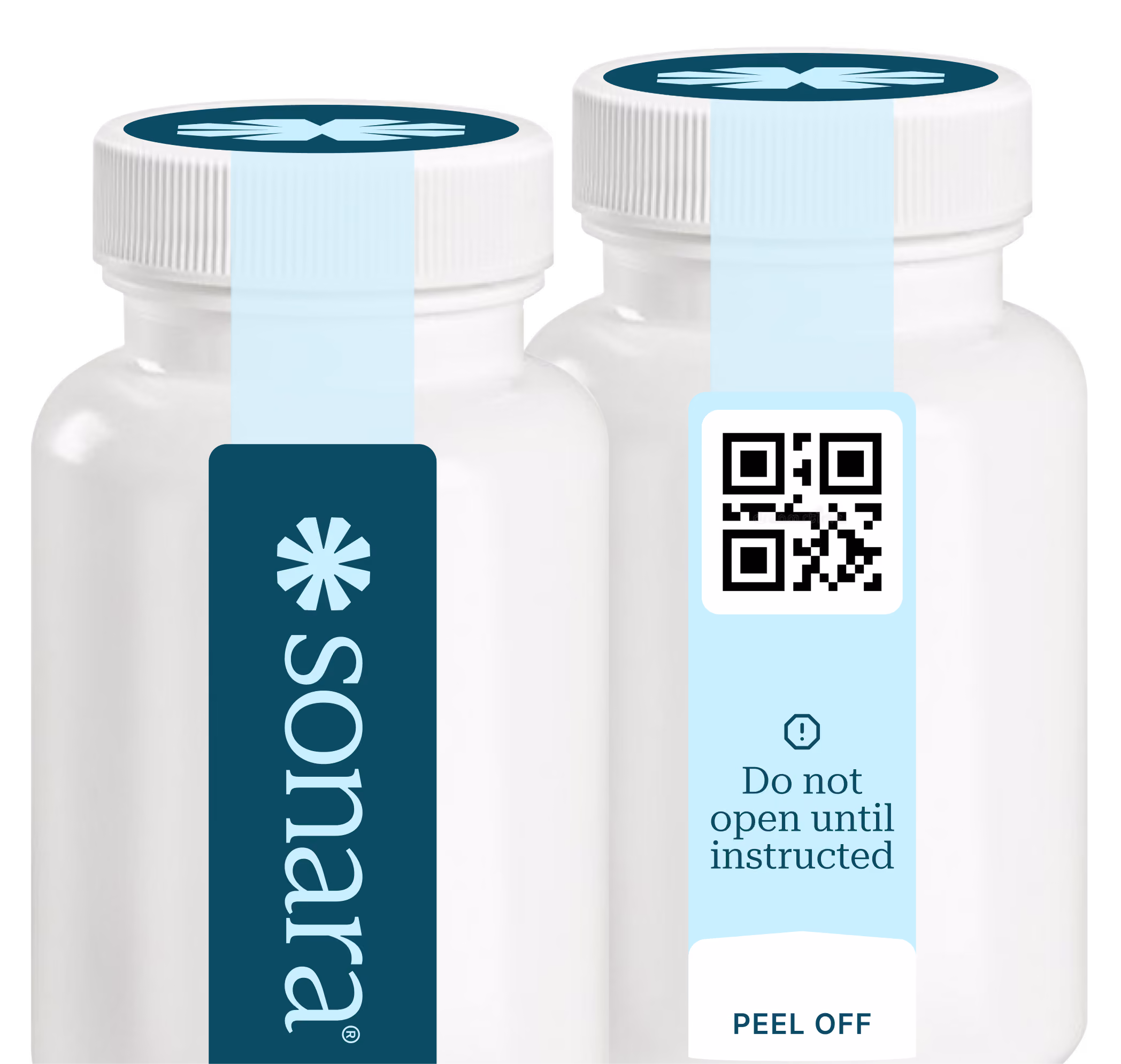 Two white medicine bottles with green labels, one showing Sonara logo, the other with a QR code and a Do not open label.