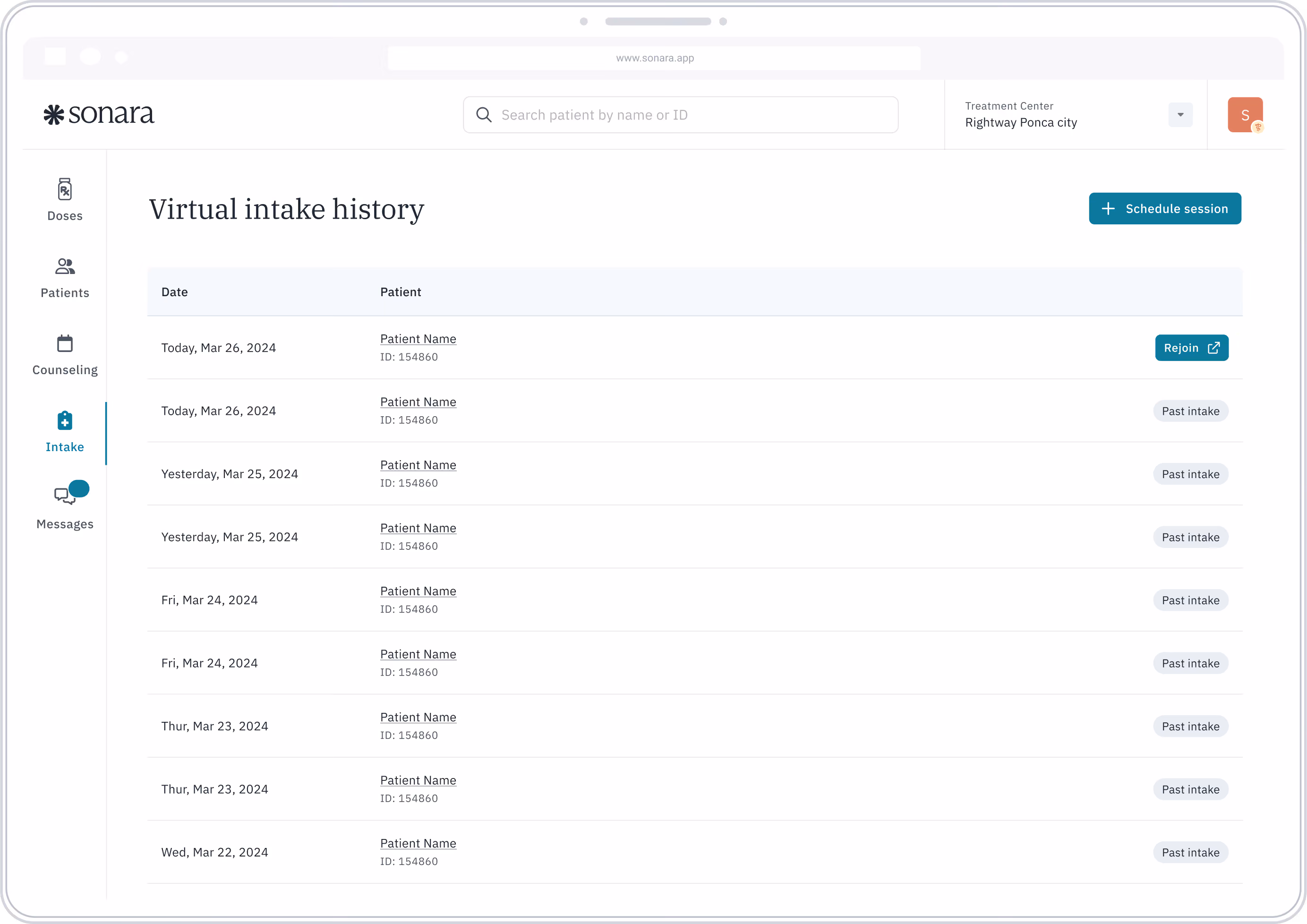 Tablet screen showing Sonara virtual intake history with patient names, dates, and options to schedule or rejoin sessions.