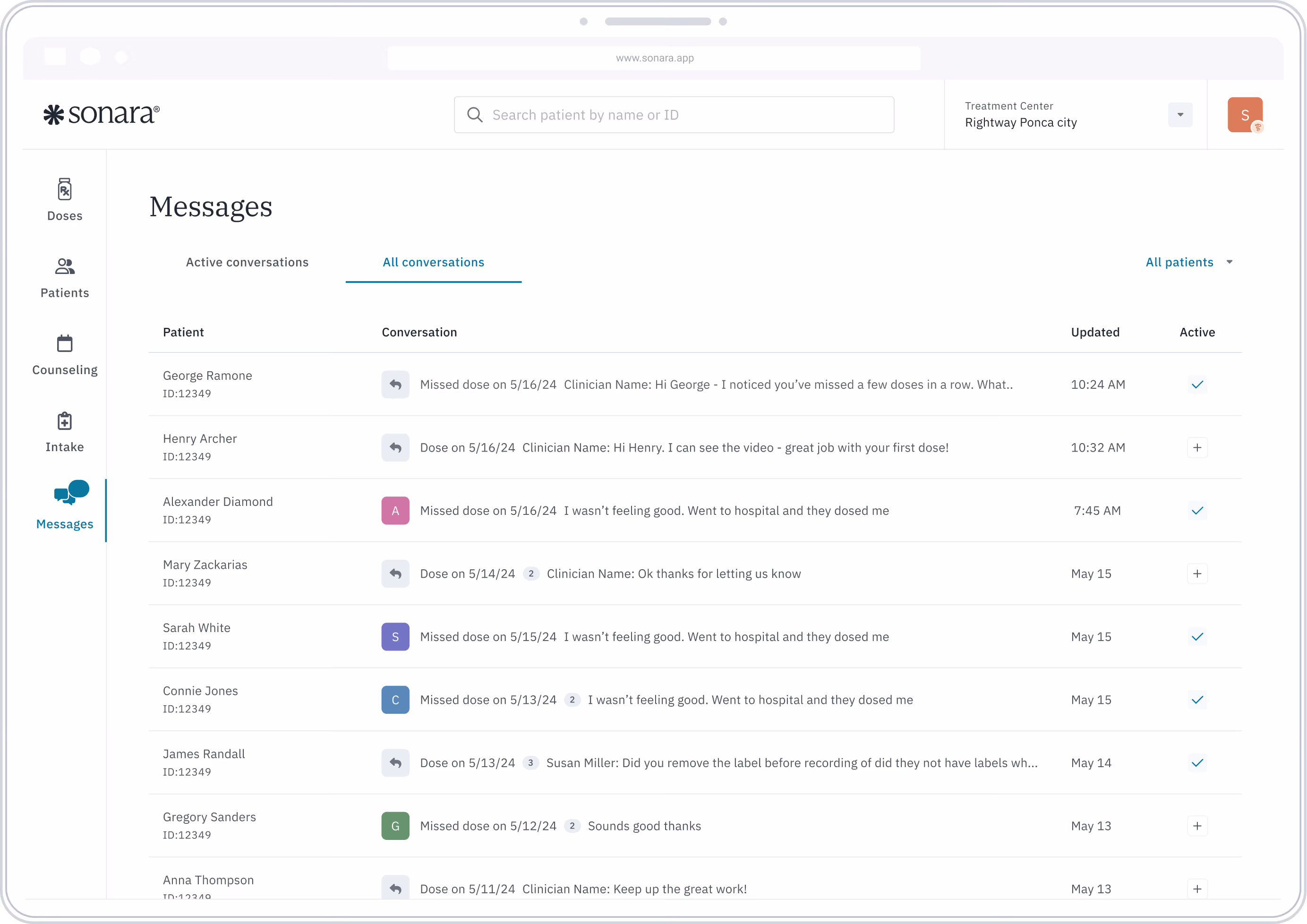 Sonara app messages screen shows patient conversations about missed and given doses with timestamps.