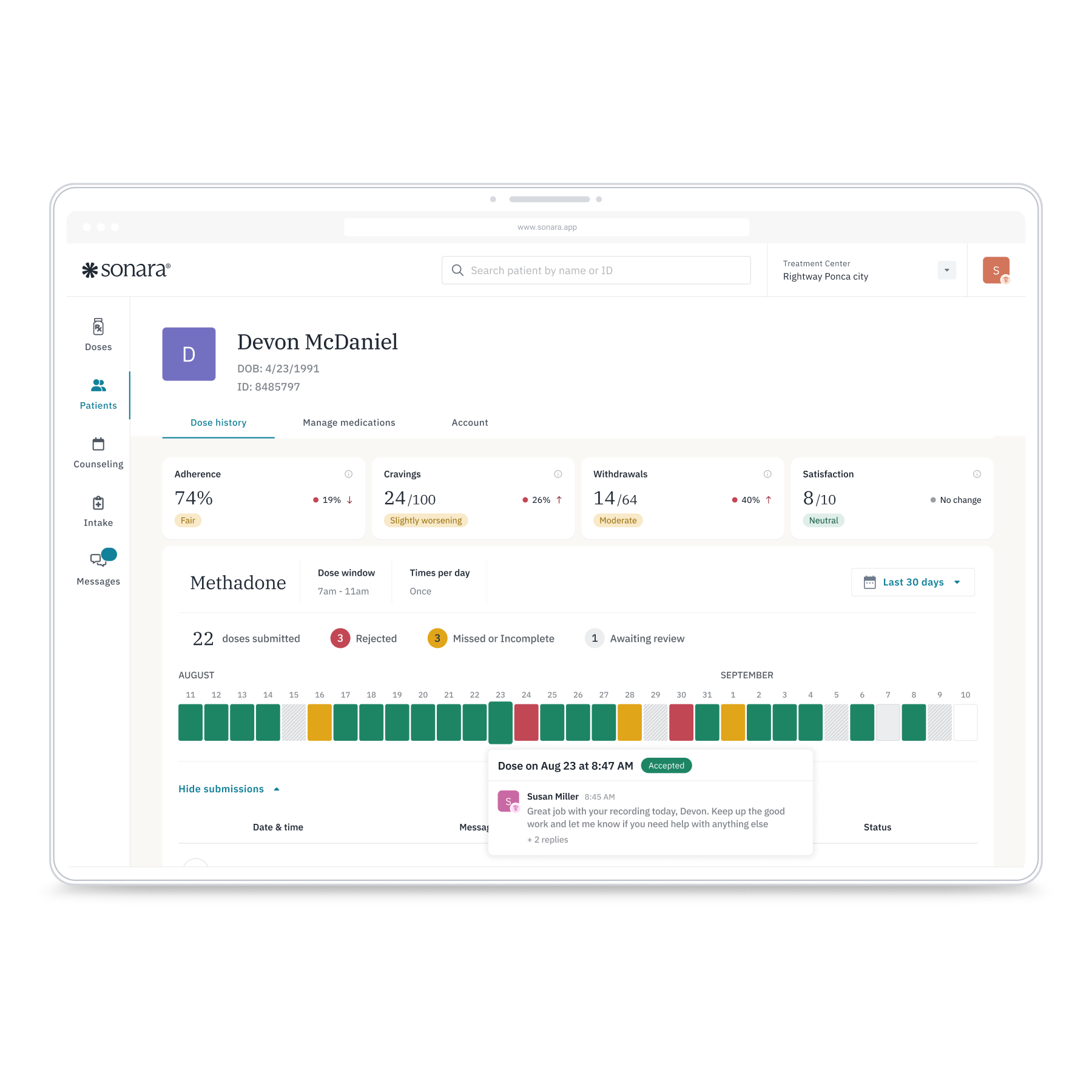 Tablet displaying a patient medication management interface.