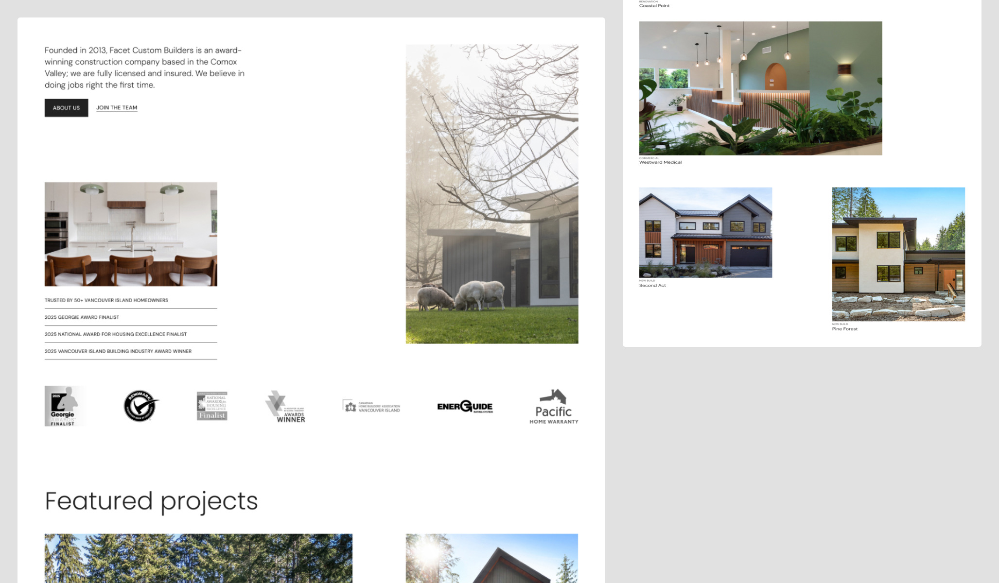 Facet Custom Builders website page designs