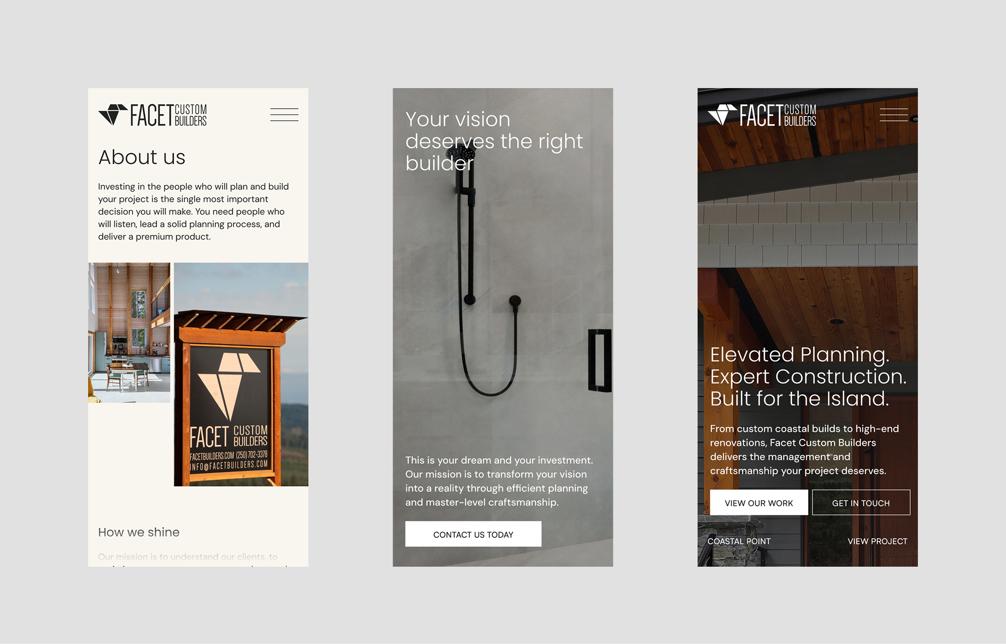 Facet Custom Builders website shown on mobile