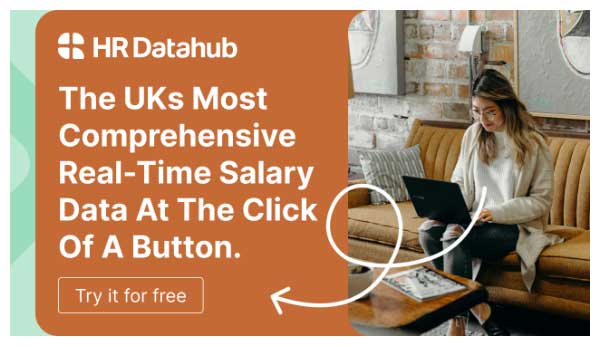 HR DataHub ad: "UK's Most Comprehensive Real-Time Salary Data." Woman on laptop. "Try it for free" button.