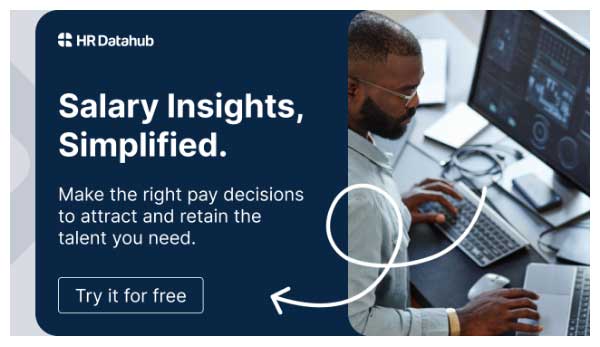 HR DataHub ad: "Salary Insights, Simplified." Promotes making informed pay decisions. "Try it for free" button visible.