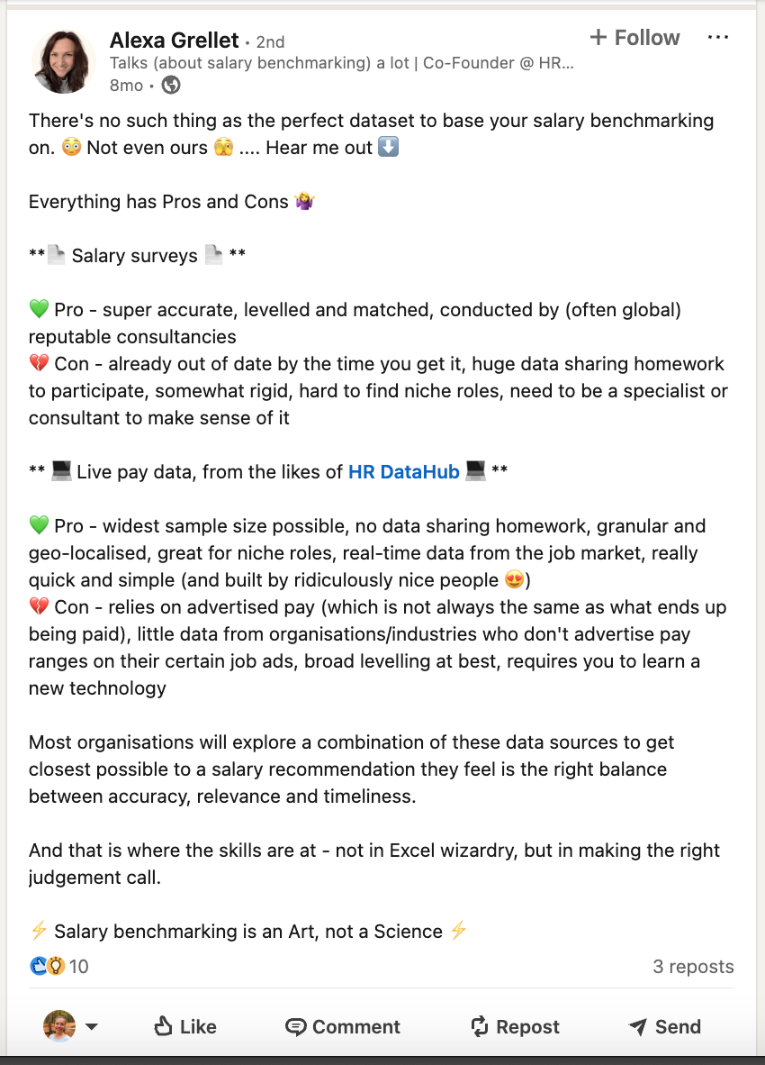 Post discussing pros and cons of salary surveys vs. live pay data, highlighting HR DataHub's real-time insights.