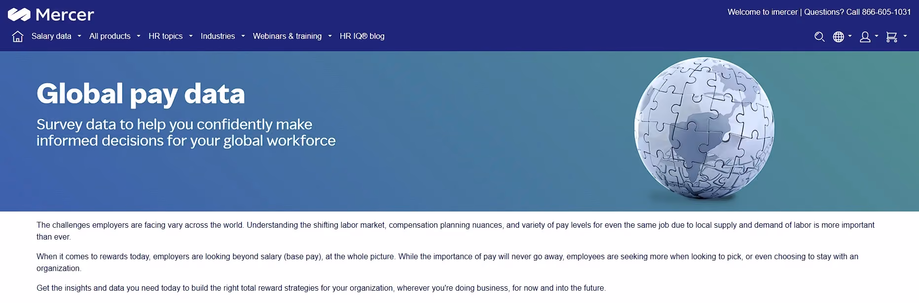 Screenshot of Mercer Salary Benchmarking’s global pay data webpage