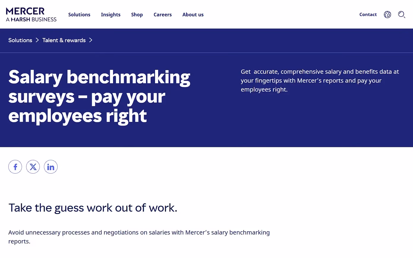 Screenshot of Mercer Salay Benchmarking’s website homepage