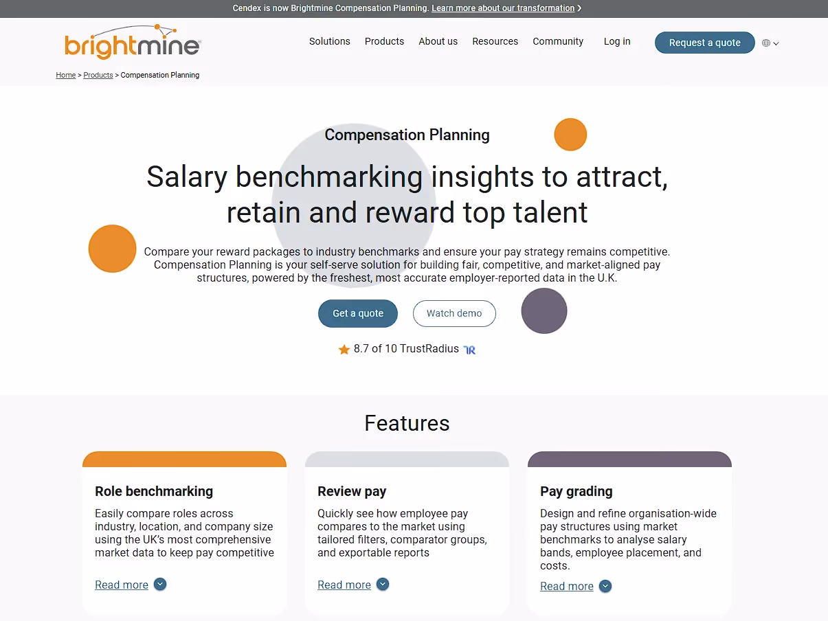 Brightmine Compensation Planning page showing its UK salary benchmarking insights and pay structure features