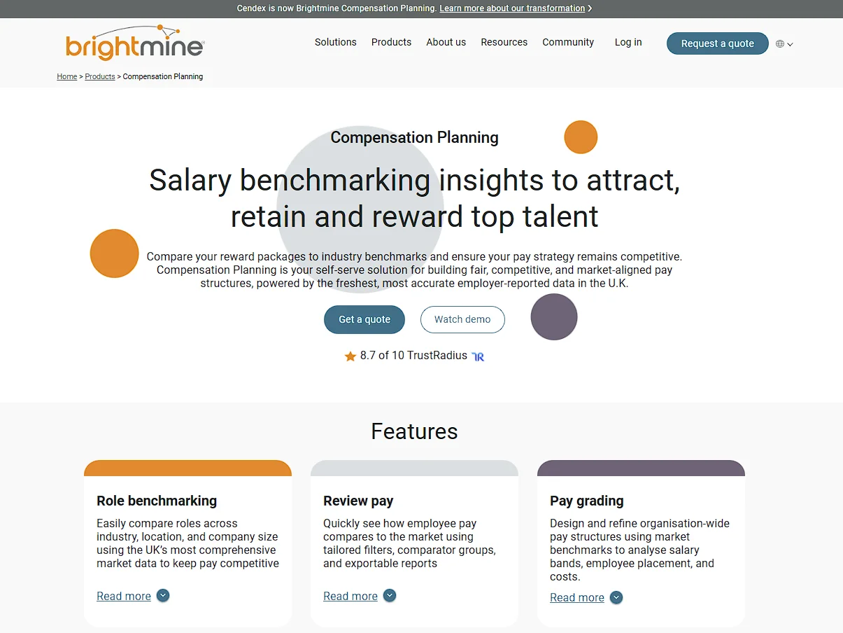 Brightmine Compensation Planning page showing its UK salary benchmarking insights and pay structure features