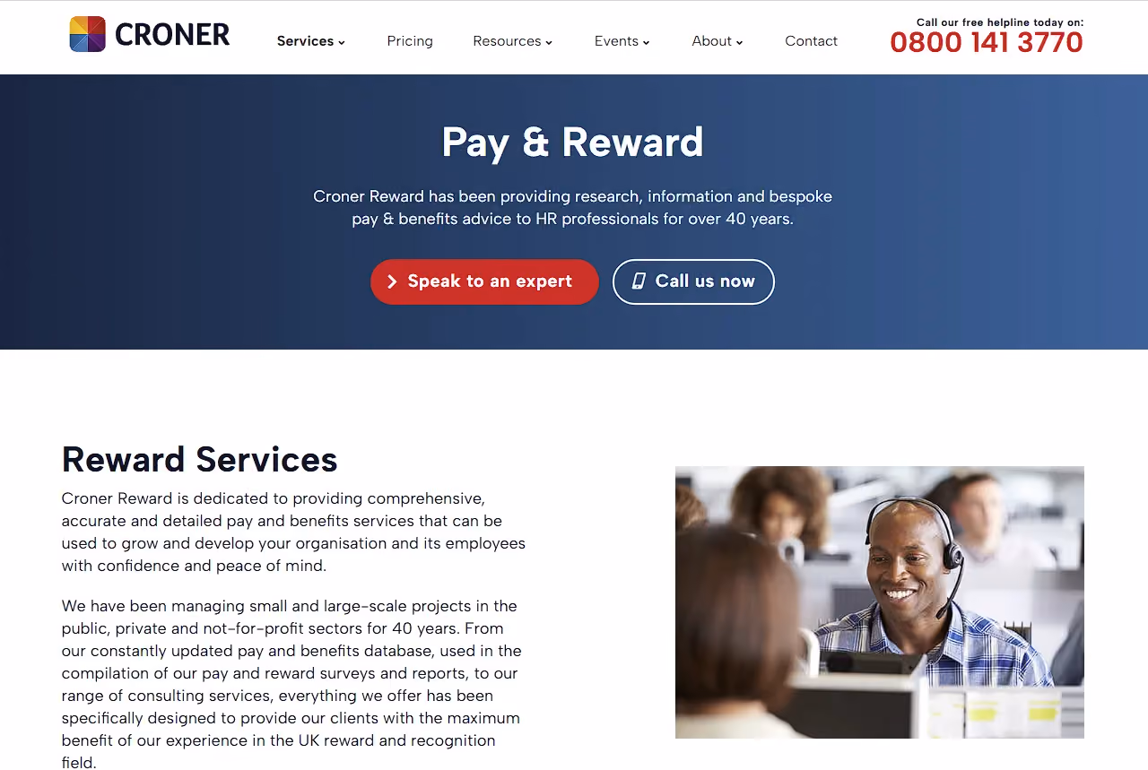 Croner Reward Pay and Reward page describing its UK salary benchmarking and pay surveys for HR teams