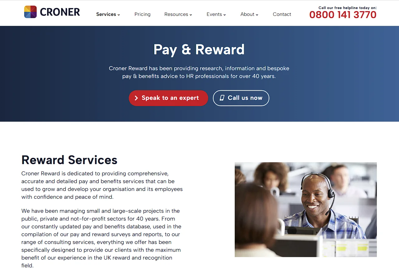 Croner Reward Pay and Reward page describing its UK salary benchmarking and pay surveys for HR teams