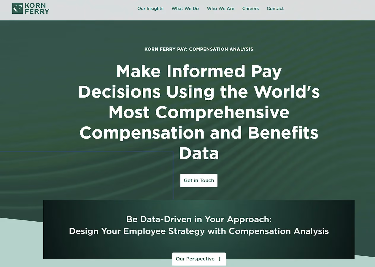 Korn Ferry Pay page promoting its salary benchmarking and compensation and benefits data for pay decisions