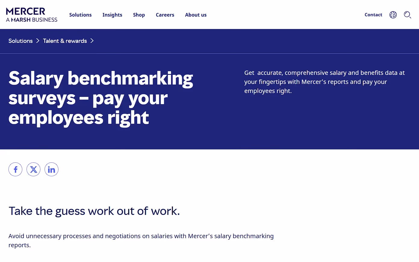 Mercer salary benchmarking surveys page describing its pay and benefits data reports for employers