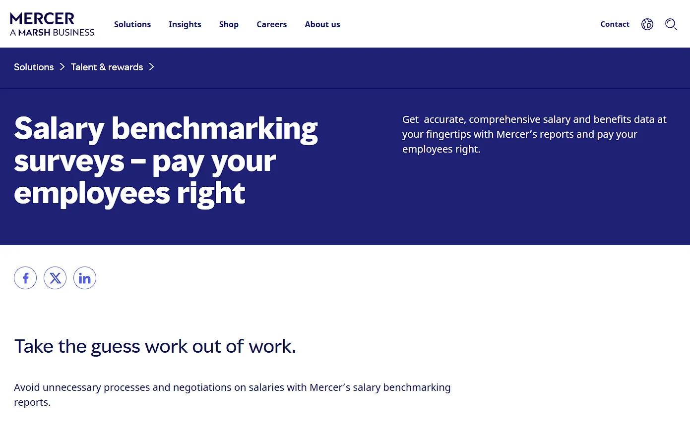 Mercer salary benchmarking surveys page describing its pay and benefits data reports for employers