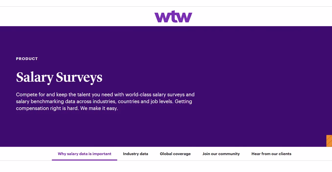 WTW Salary Surveys product page describing its salary benchmarking data across industries, countries and job levels