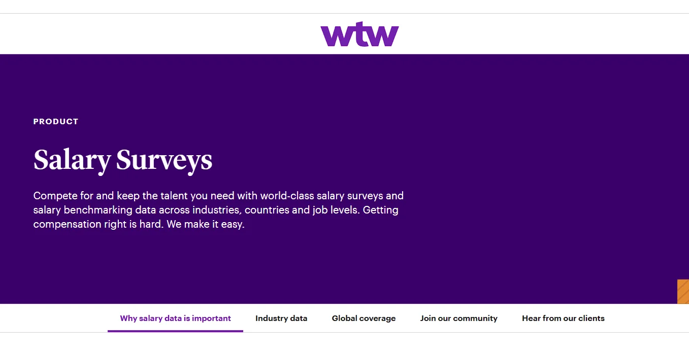 WTW Salary Surveys product page describing its salary benchmarking data across industries, countries and job levels