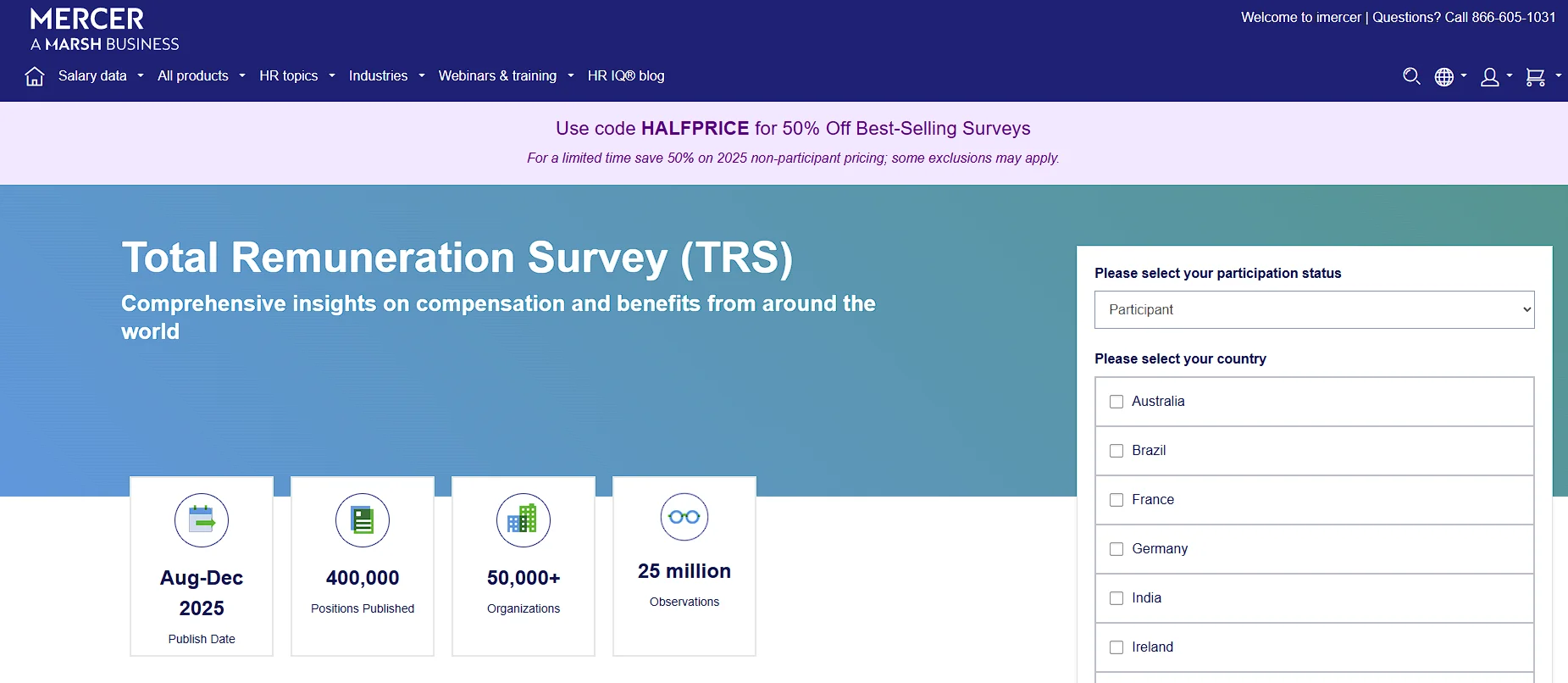 Mercer Total Remuneration Survey page showing its global salary benchmarking data scope and country selector