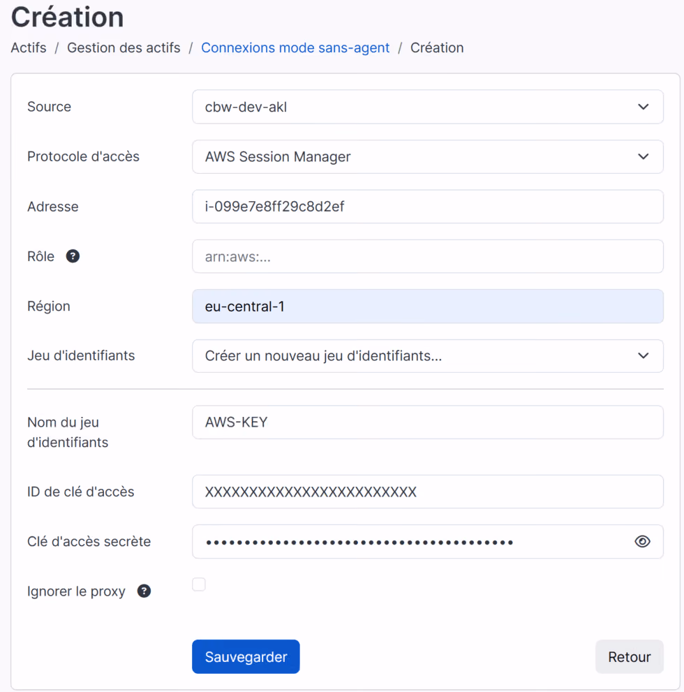 creation connexion sans agent aws