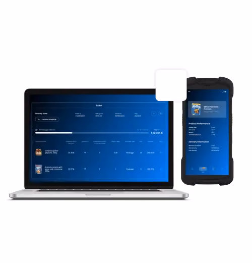Un ordinateur portable et un smartphone affichant une interface de gestion de panier avec des produits, leurs quantités, prix, et informations de livraison sur fond bleu.
