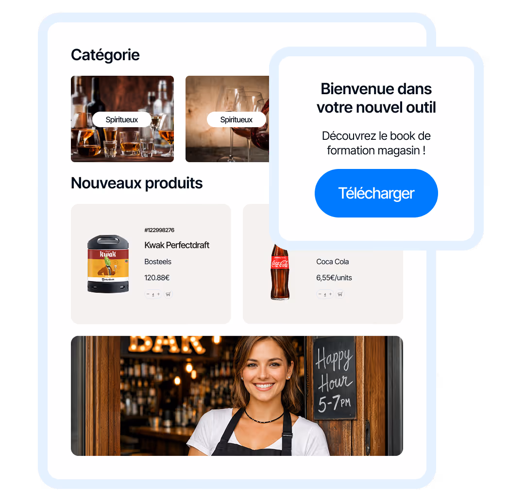 Interface montrant une catégorie d'alcools, avec de nouveaux produits comme Kwak Perfectdraft et Coca Cola, et une photo d'une serveuse souriante devant un bar indiquant Happy Hour.