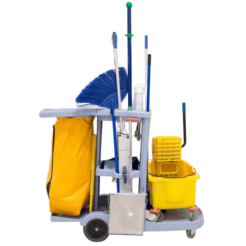 Reinigungswagen mit Mopp, Eimern und Warnschild