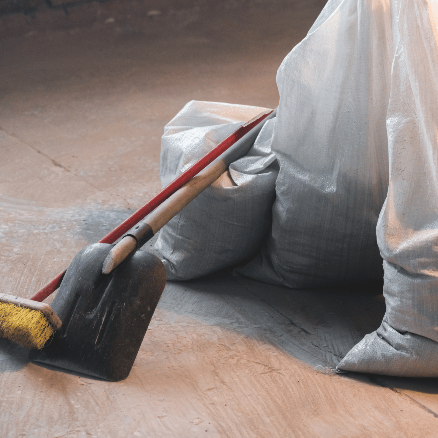 Baureinigung: Besen und Kehrblech neben Abdeckfolie auf einer Baustelle
