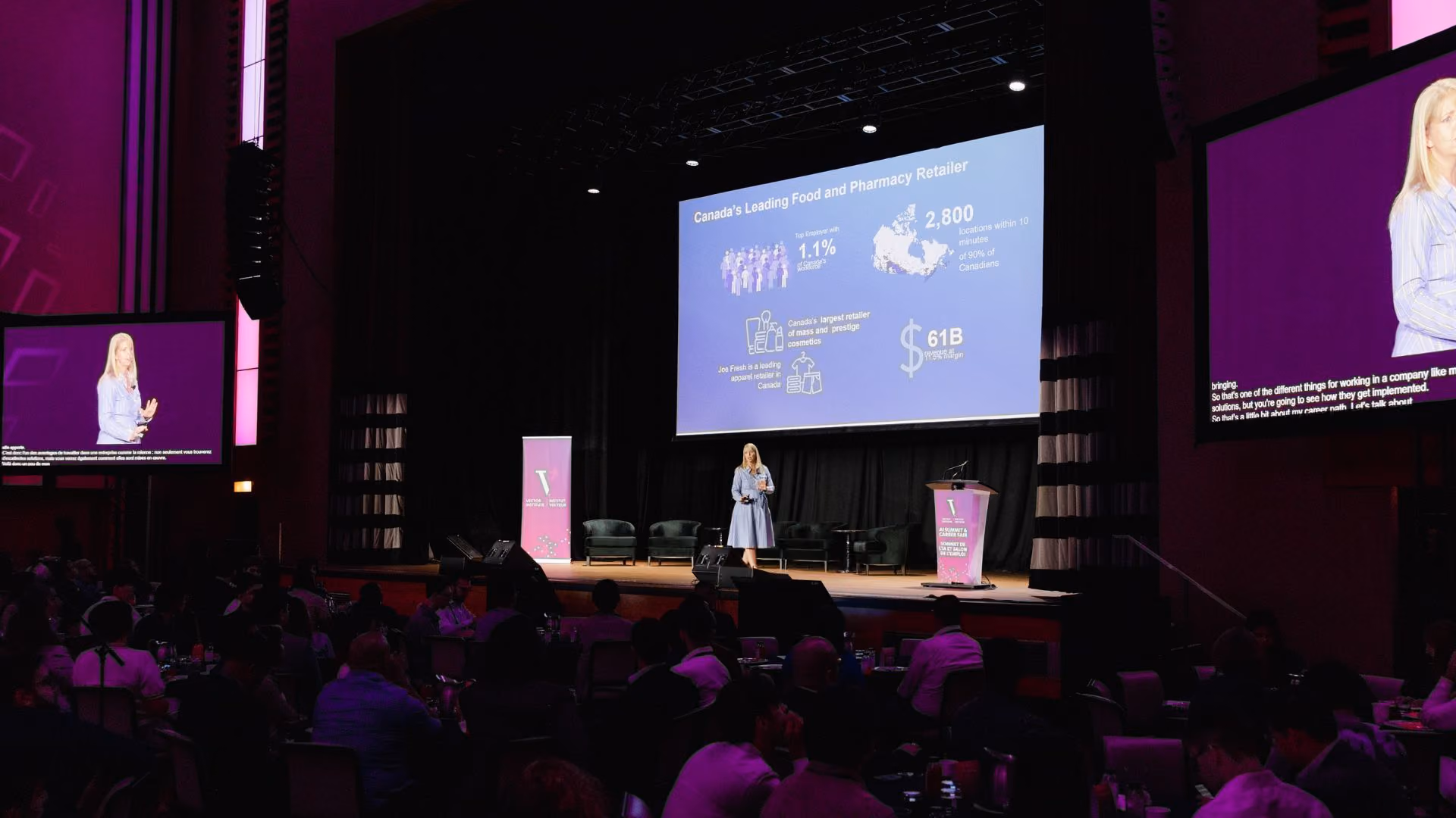 Janet Rickford presents on the main stage at the Vector Institute AI Summit and Career Fair to a large seated audience. The projected slide behind her is titled "Canada's Leading Food and Pharmacy Retailer," displaying key statistics including 2,800 locations and $61B in revenue. Live feed screens flank the stage on either side.